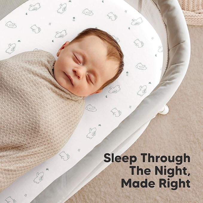 2-Pack Organic Bassinet Sheets for Girls, Boys - 100% Cotton Bassinet Mattress Sheets Compatible with Halo Bassinest Swivel Sleeper, Graco, Baby Delight, Chicco,Unisex Fitted Bassinet Sheets(Bunnies)