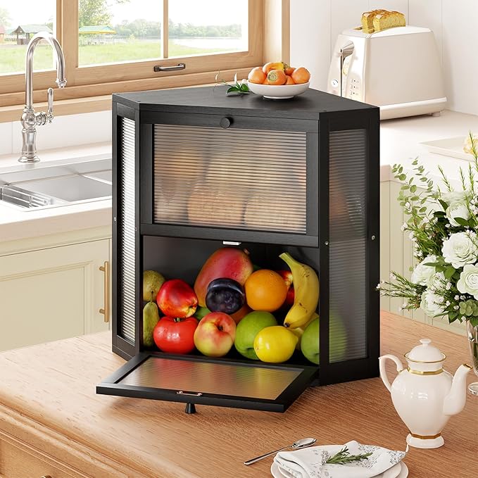 WOWLIVE Corner Bread Box for Kitchen Countertop, Double Layer Bamboo Bread Storage Container, Large Farmhouse Bread box with Acrylic Wavy Door Panel, Under Cabinet Organizer (Black, Extra Large)