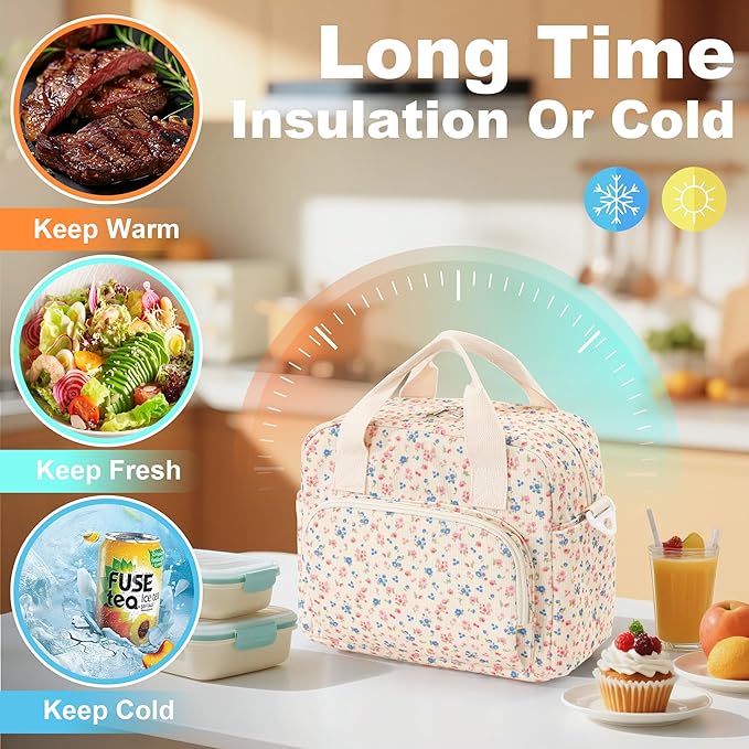 Large Lunch Bag for Women Insulated Lunch Box Reusable Cooler Bag Portable Cute Corduroy Leakproof Tote Bags for Travel, Work, and Picnic, Pink and Blue Flower
