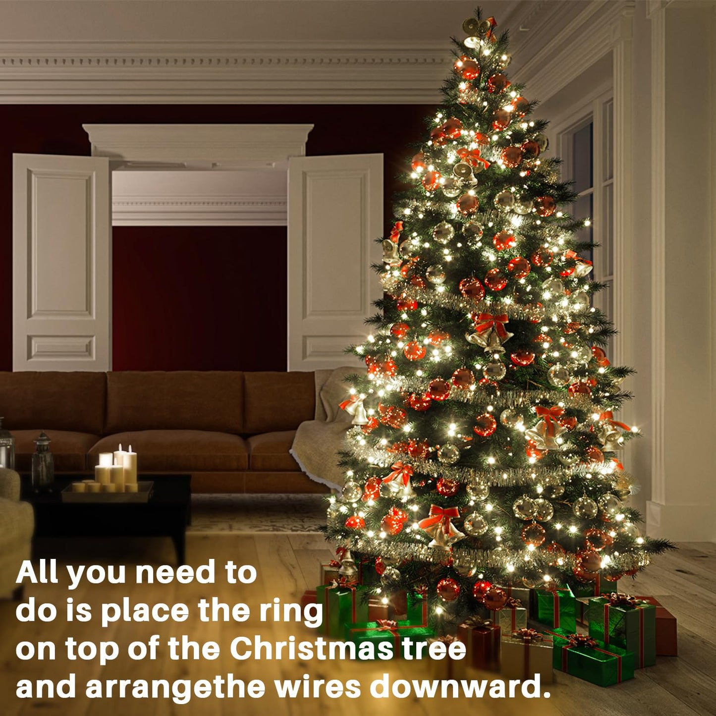 Christmas Tree Lights With Ring 9.9Ft 16 Line 544 Led Green Wire Fairy Waterfall String Light Plug In Dimmable Cascading Twinkle Lights With 8 Lighting Modes For Indoor Outdoor Xmas Tree(Cool White)