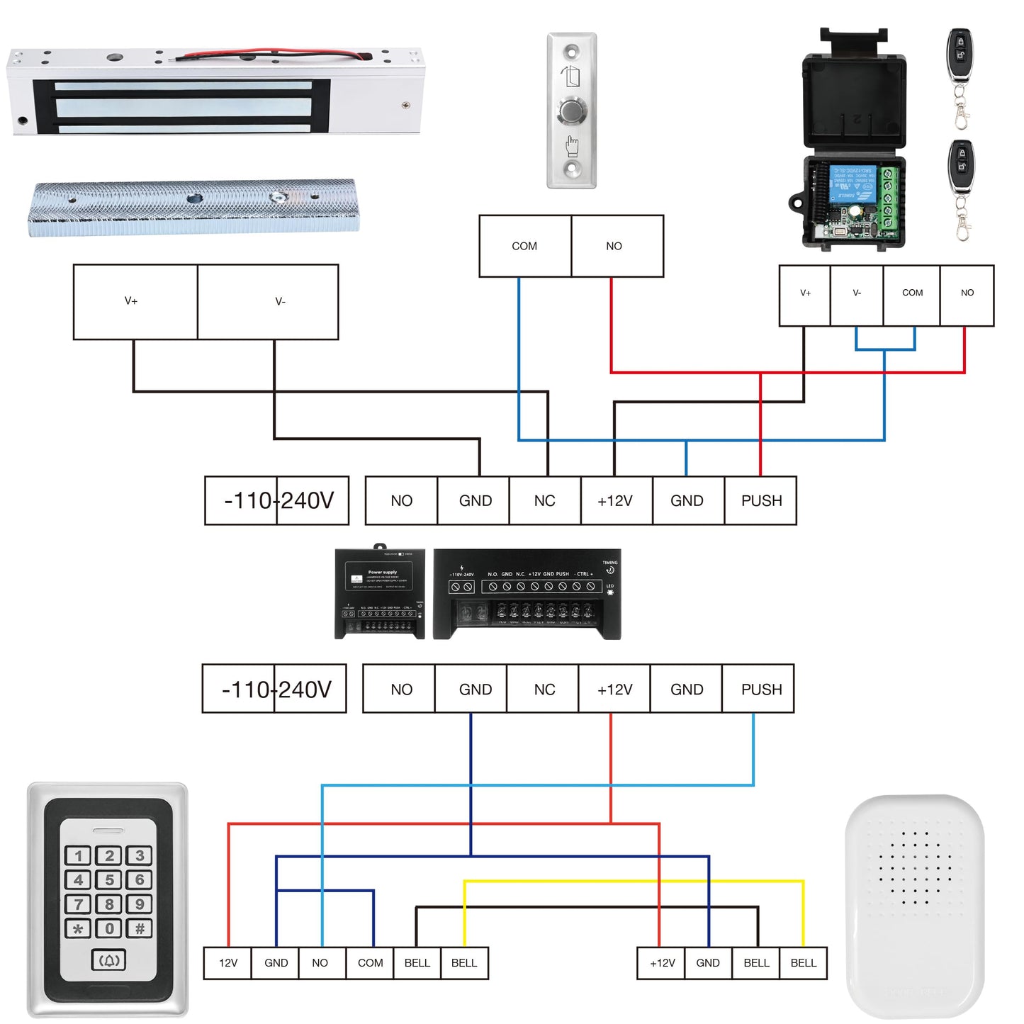 Access Control System 600lb Electric Magnetic Door Lock Kit: RFID Keypad, Remotes, Exit Button, Close to Entry Keypad & ID Card with 110-240VAC to 12VDC Power Supply(280Kg /600LB Kits)