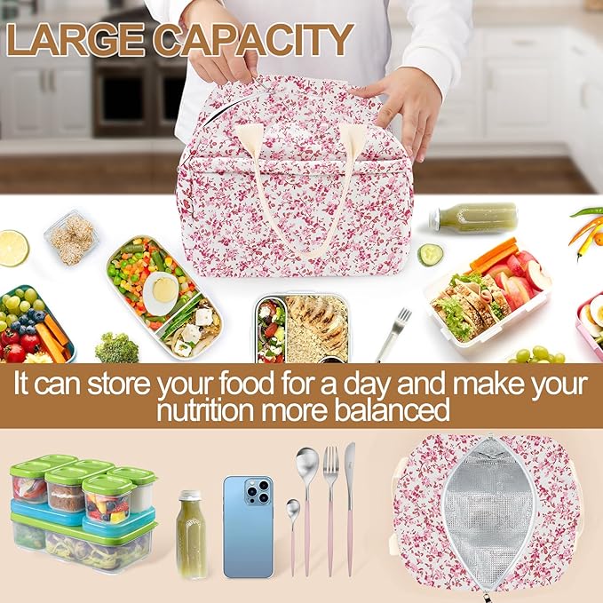 Cotton Quilted Insulated Lunch Bag, Cute Quilted Floral Lunch Tote Bags Reusable Insulated Lunch Box Coquette Aesthetic Large Capacity Insulated Cooler for Women Work Travel Picnic (Red)
