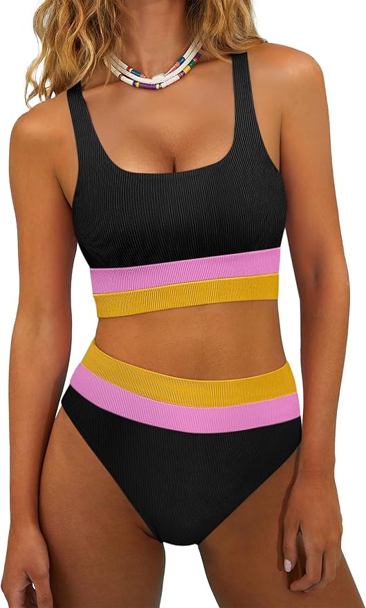 ANRABESS Bikini Sets for Women Summer 2026 High Waisted 2 Piece Bathing Suit Tummy Control Swimsuit Color Block Swimwear