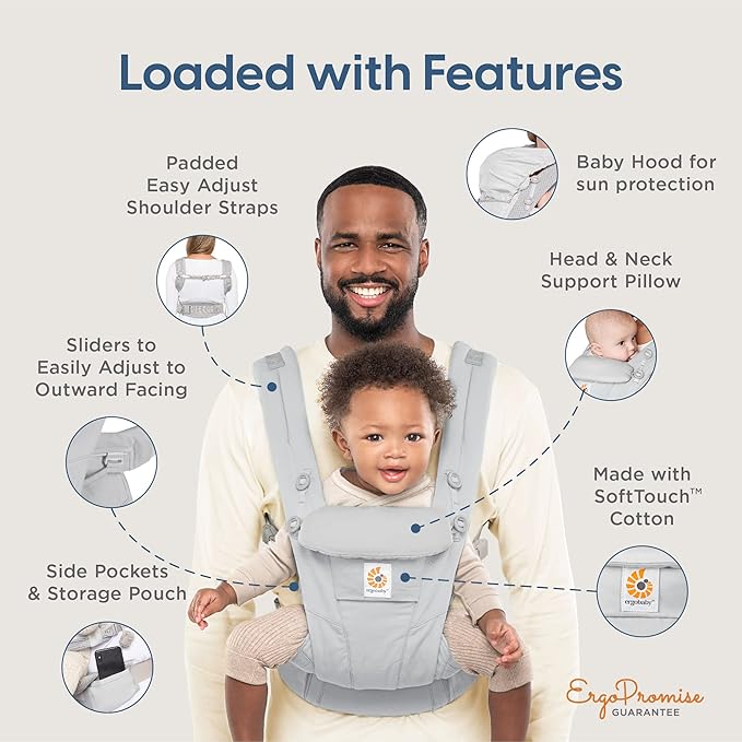 Ergobaby Omni Dream Cotton Baby Carrier Newborn to Toddler - Breathable Baby Carrier for Summer - All-Position Carriers for Newborn to Toddler with Lumbar Support (7-45 lbs) - Cotton, Oynx Black