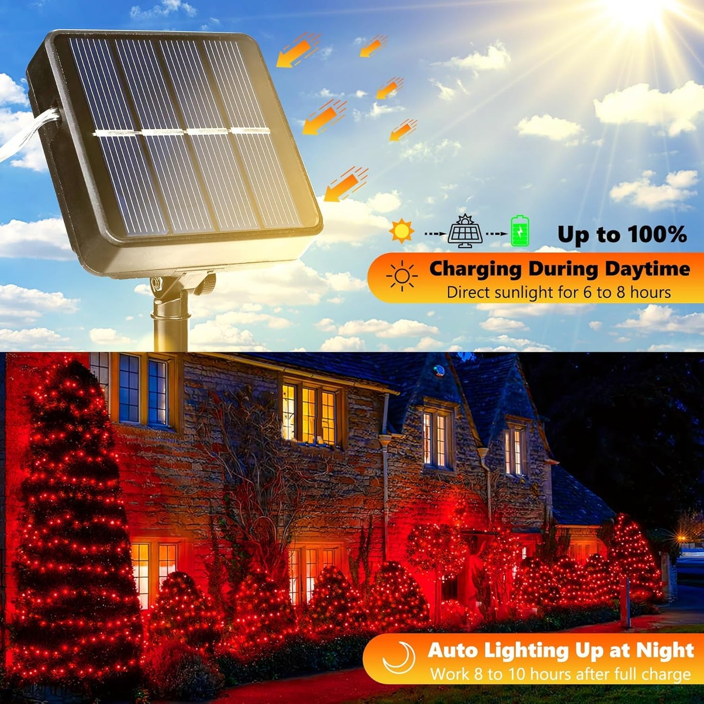 Lomotech Solar String Lights - 200LED Fairy Lights, 66ft, Waterproof, 8 Modes, Copper Wire, Red, Model LO-S100-007-2, 2 Pack