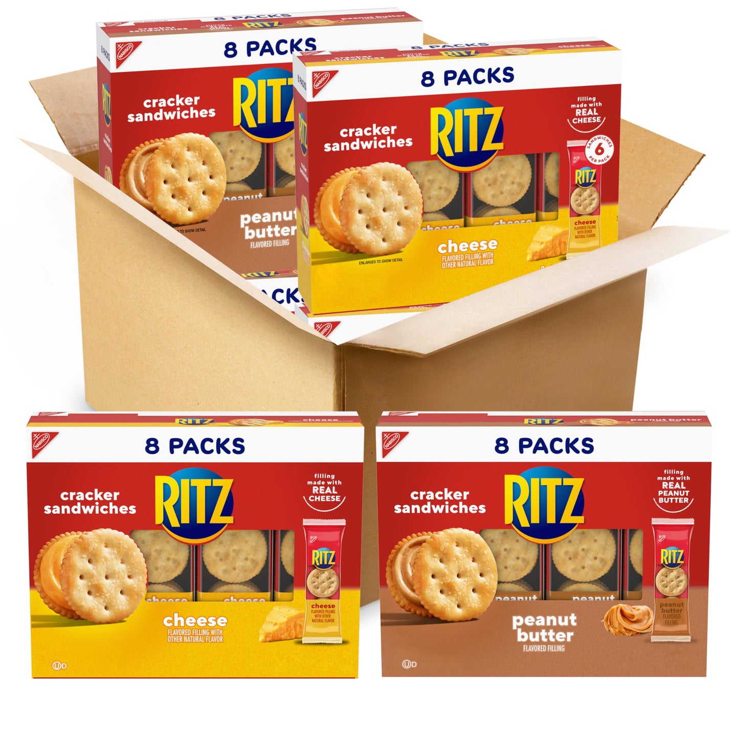 RITZ Peanut Butter Sandwich Cracker Snacks and Cheese Sandwich Crackers, Snack Crackers Variety Pack, 32 Snack Packs (6 Crackers