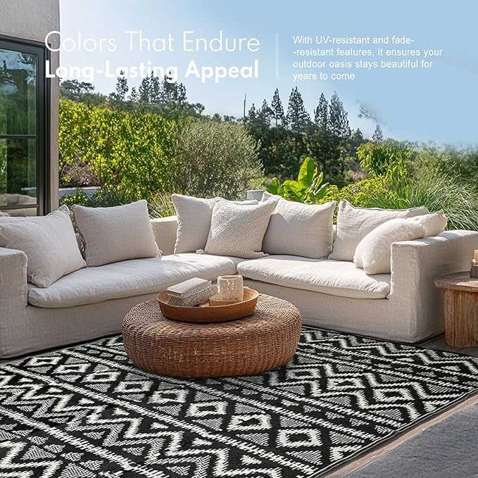 Waterproof Outdoor Rug 4x6 ft, Reversible Plastic Straw Rug, Easy to Clean Patio Rug, Portable Carpet for Patio, RV, Deck, Balcony, Backyard, Picnic, Beach, Geometric Diamond, Gray