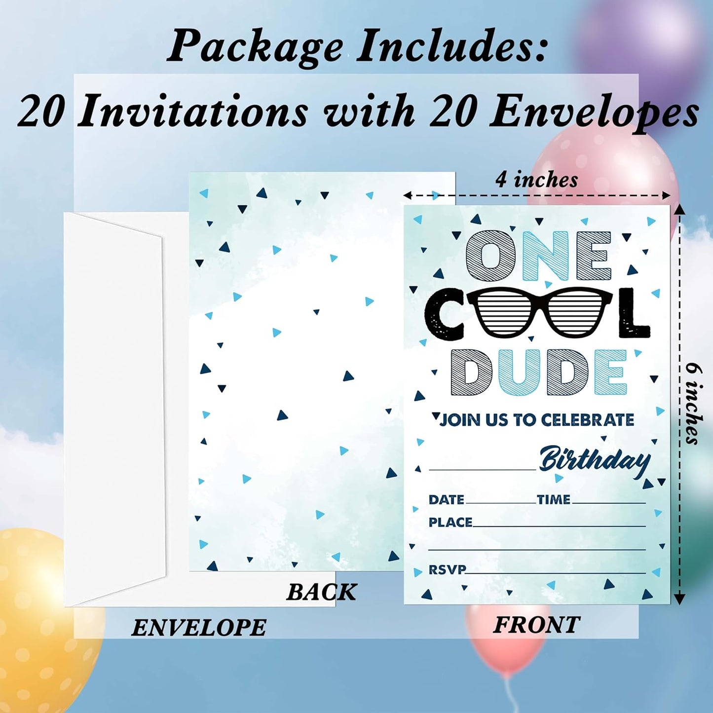 One Cool Dude Birthday Invitations for Boys, 20 Invitation Cards with Envelopes, Sunglasses 1st Invites for Party Decorations Favor Supplies - A19