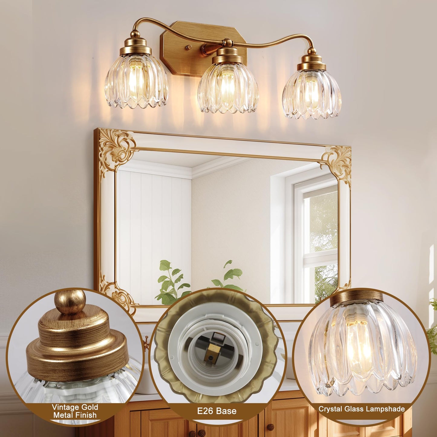Cmnvmn Vintage Bathroom Light Fixtures  Gold Bathroom Vanity Light  Matte Antique Brass Finish With Crystal Glass Shade  Wall Sconces Lighting For Bedroom  Living Room  Hallway (Gold  3-Light)