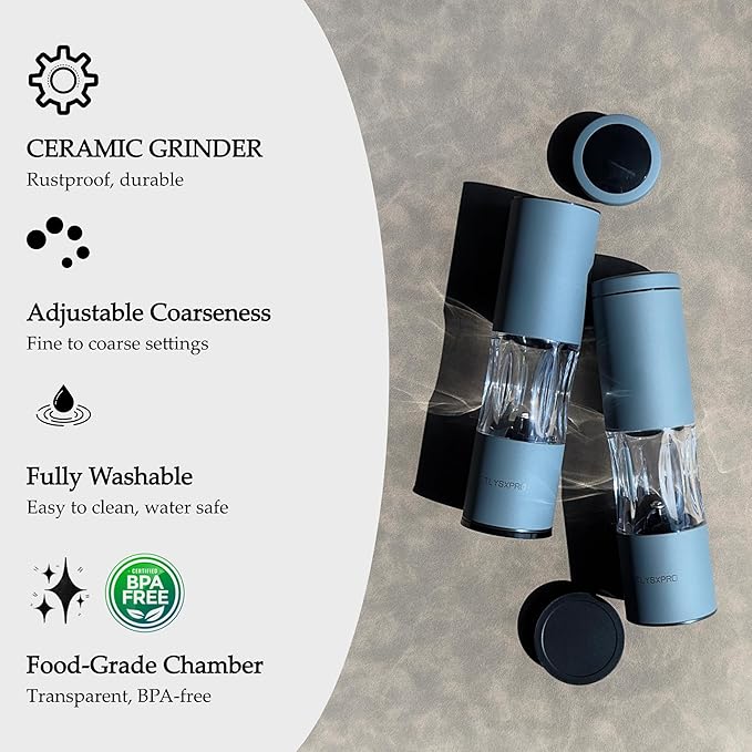 Salt and Pepper Grinder Set with Adjustable Coarseness | Manual Pepper Mill Grinder with Refillable Design | Ceramic Core | Kitchen Essential (2 Packs, Blue-Grey)