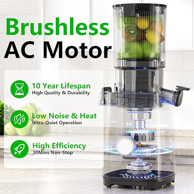 T34 Cold Press Juicer, Juicers Machines - 5.3" Large Feed Chute for Whole Fruits & Vegetables, Powerful AC Brushless Motor, 99% Juice Yield, Ultra Quiet, Easy Clean, Extra one Replace juicer strainer