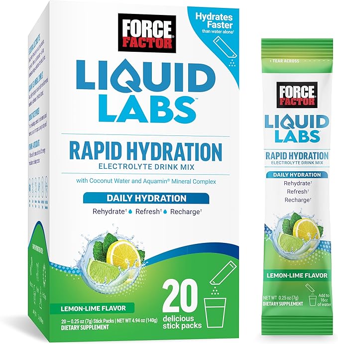 Force Factor Liquid Labs Electrolytes Powder Packets—Lemon Lime—Hydration Packets to Make Electrolyte Water with 5 Essenti...