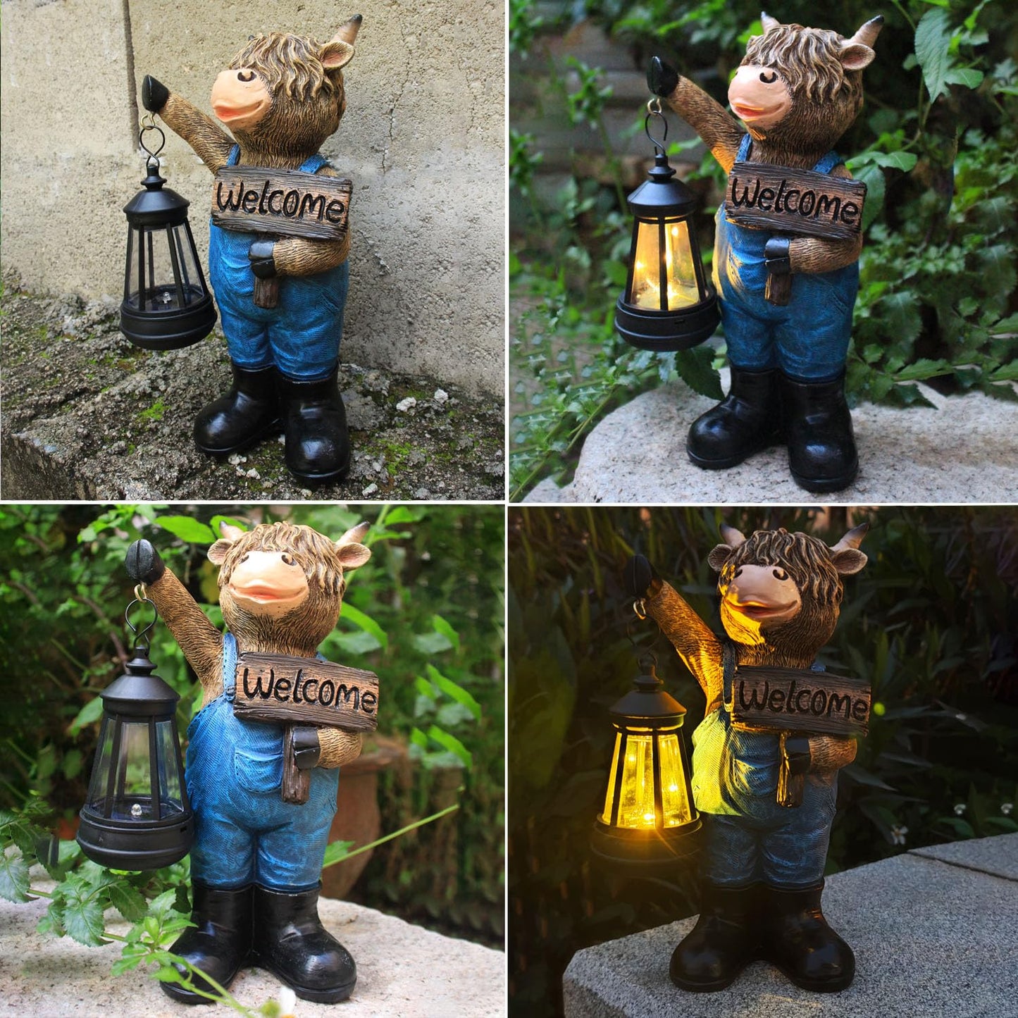 Solar Garden Statues -Highland Cow Lantern Outdoor Handmade Resin Statue With Led Light  And Welcome Holder For Patio  Yard  Gift Ideas (Cow2)