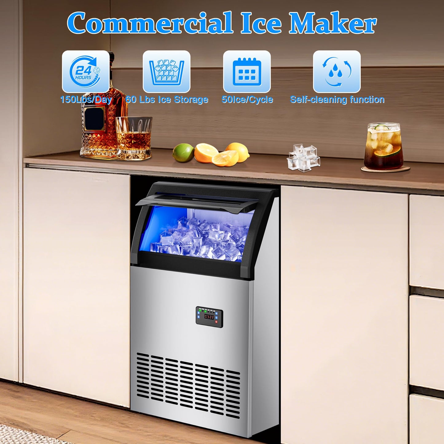 Commercial Gourmet Ice Maker Machine 150Lbs/24H,Stainless Steel Spray Ice Maker 60lbs Storage,50pcs Hat Cubes Per Cycle,Freestanding Ice Maker Self-Cleaning for Office, Restaurant, and Bar