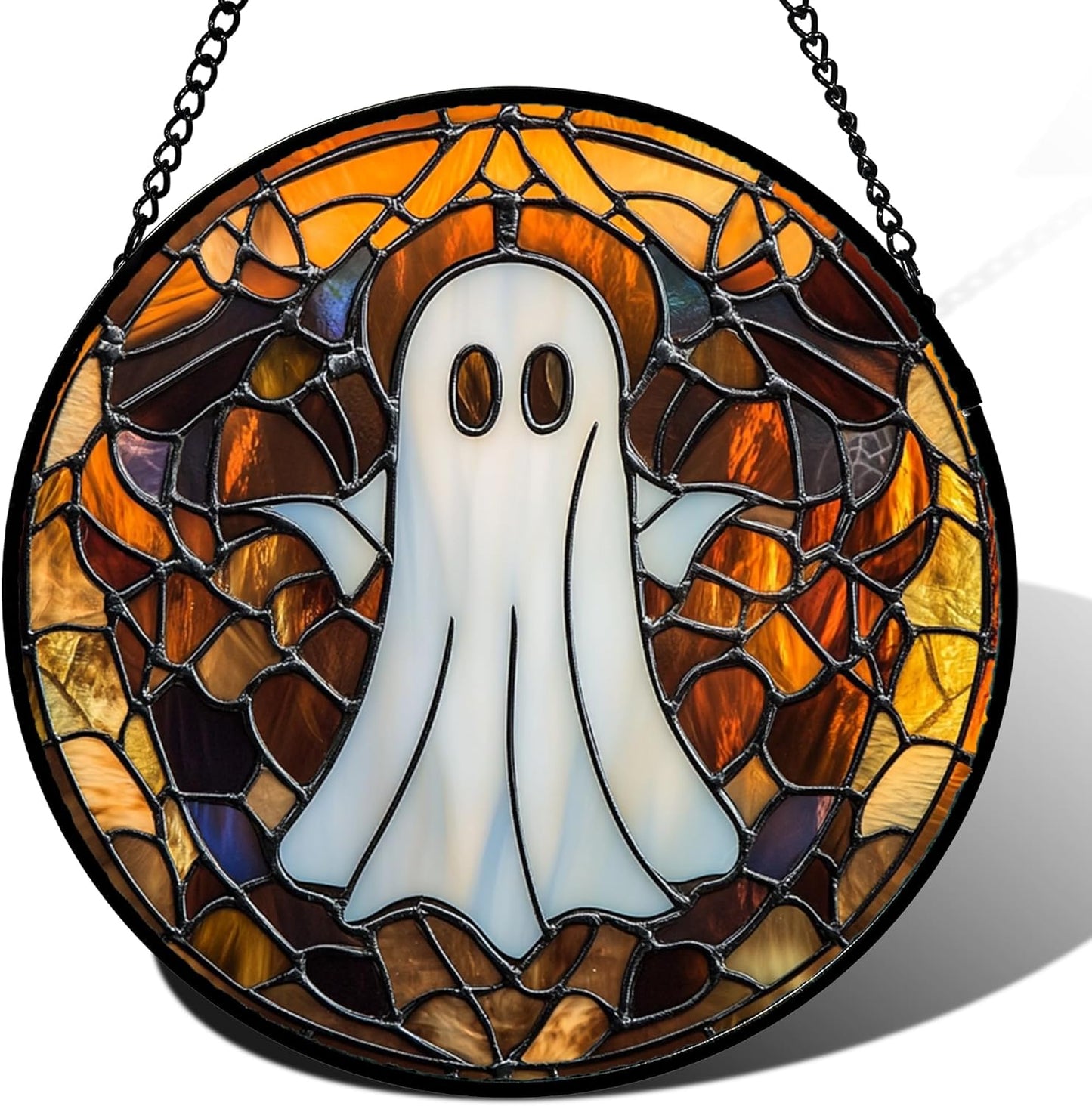 Stained Glass Window Hanging Halloween White Horror Ghost 7.8" - Suncatcher Door Garden Kitchen Sun Catcher Home Gothic Decor Birthday for Mom Men Woman Friend Grandma