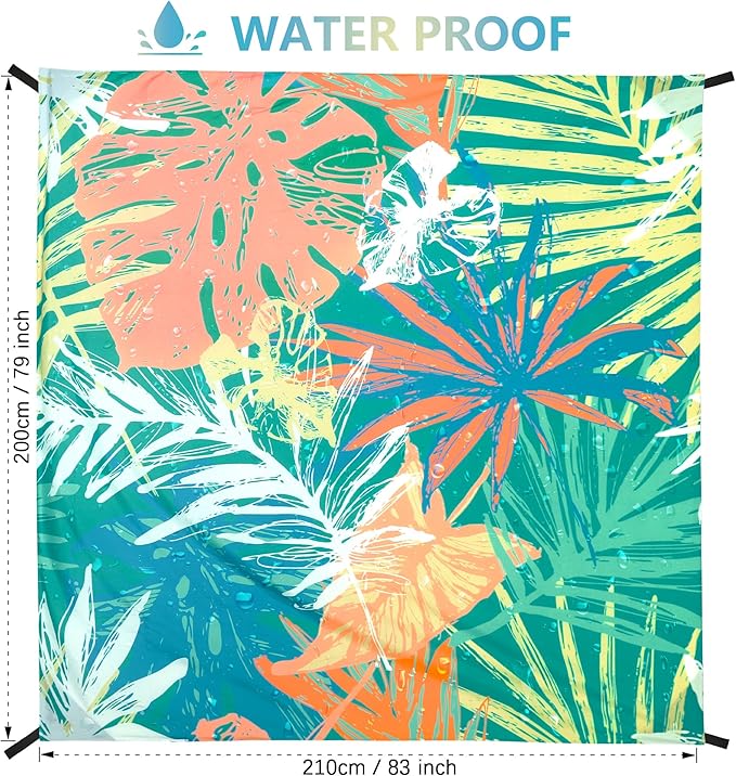 Beach Blanket Waterproof Sandproof Beach Mat 79”x 83” for 1-4 Adults Quick Drying Durable Outdoor Picnic Mat for Beach Festival Travel Camping Hiking (Colorful-Palm, 79"×83"(4 Person))