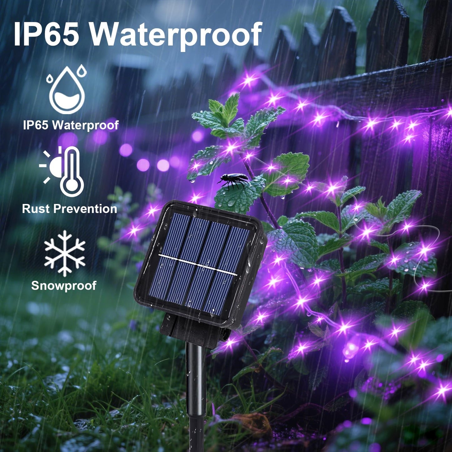 ANGMLN Solar Waterfall Fairy Bunch Lights, 200 LEDs, Purple, Waterproof, 8 Modes, Model MBSHD, Outdoor Garden Decorations