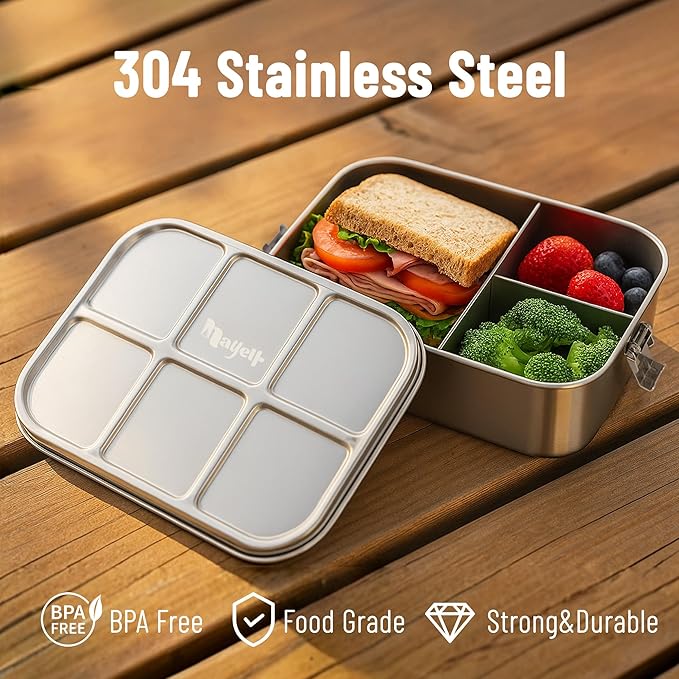 Bento Box for Kids, 1.5L/50oz Stainless Steel Snack Containers with 3 Compartments, Lockable Clip Kids Lunch Box, Eco-Friendly, Leak-proof, Dishwasher-Safe for Home, School, Travel