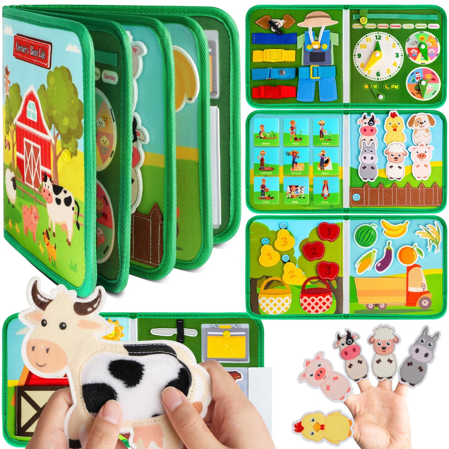 Quanquer Toddler Busy Board Montessori Toys for 1 2 3 4 Year Old - Farm Busy Book Educational Learning Sensory Toy for Boys Girls - Christmas Birthday Gifts for Toddlers Travel Toys for Airplane Car
