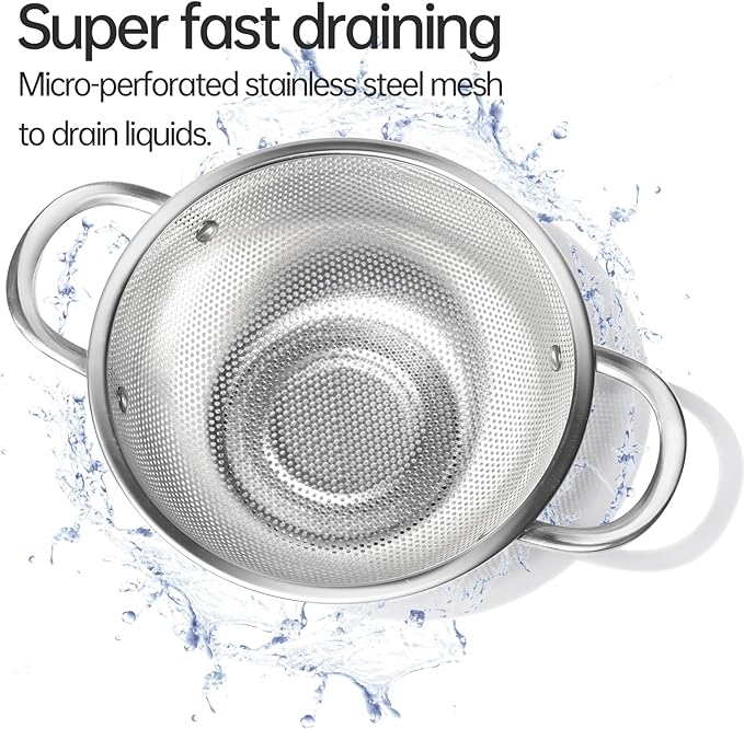 Premium Stainless Steel Colander for Kitchen, Food Strainer Basket with Handle and Solid Ring Base for Fruits Vegetables Rice and Pasta, Dishwasher Safe (3QT)