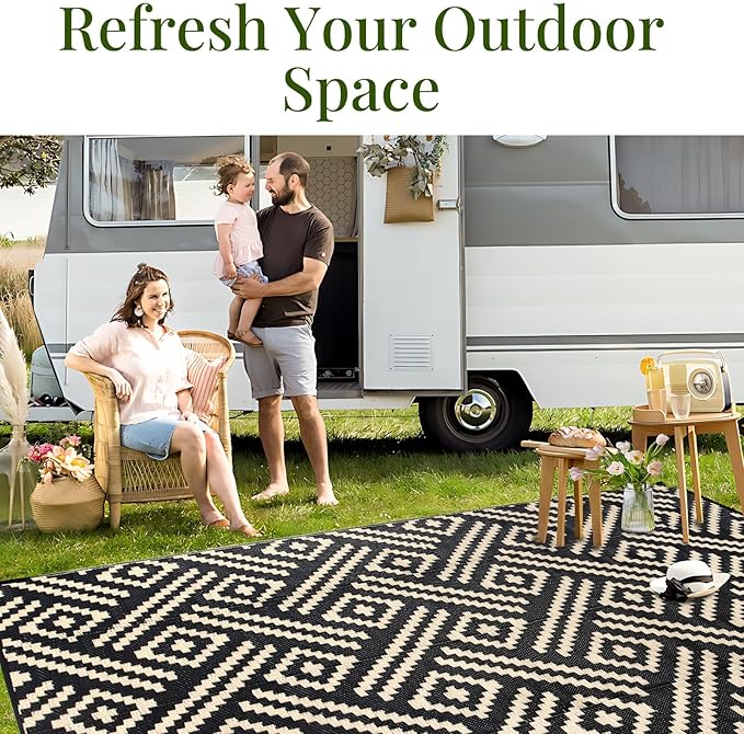 OPPODREAM Outdoor Rug 9x12 Patio Waterproof, Large Outdoor Plastic Straw Rug, Reversible Out Door Carpet Camping Essentials, Deck, Rv, 9 x 12 Area Carpet for Balcony, Porch, Backyard, Black & Beige