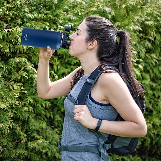 BOZ Stainless Steel Water Bottle - Vaccum Insulated Water Bottle 32 Oz - Wide Mouth BPA Free Sport Water Bottle for Gym with Spout Lid - Thermal Hot & Cold 1 Litre Blue Waterbottle