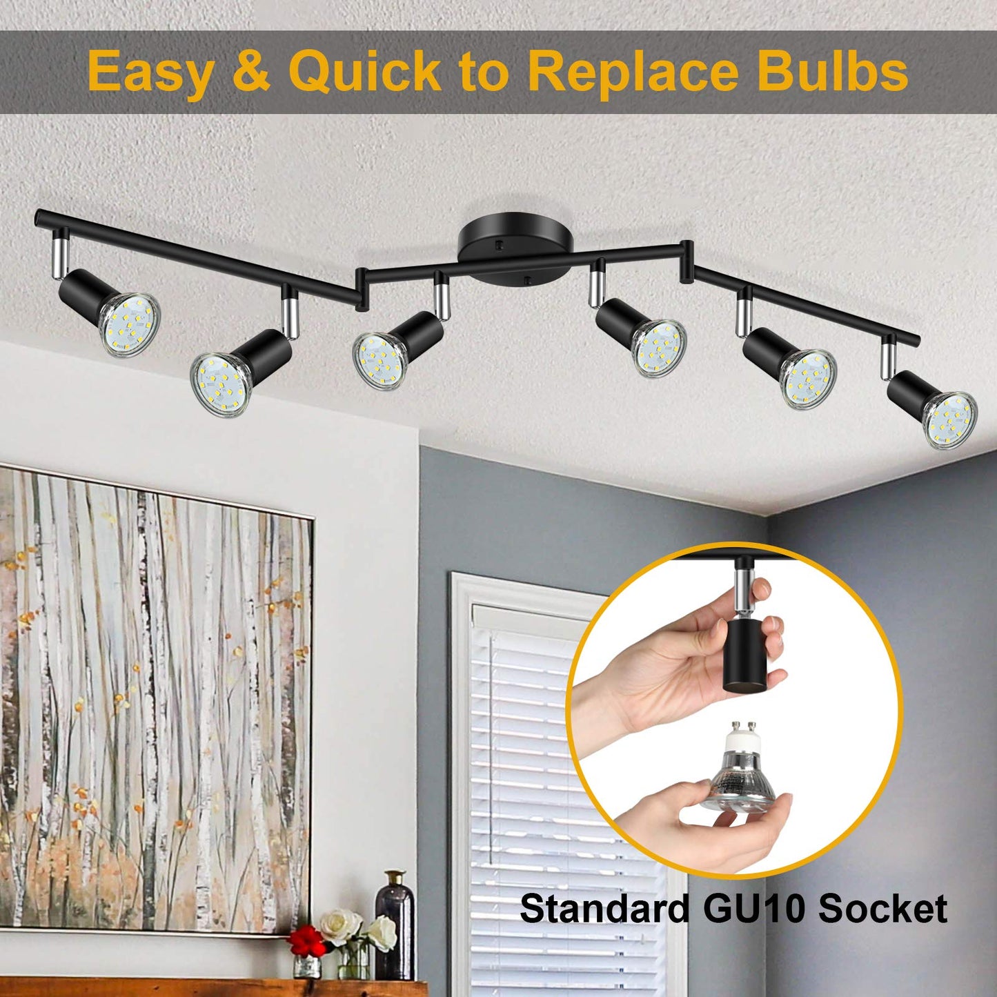 Ascher 6-Light LED Track Lighting Kit, Flexibly Rotatable Light Heads, 6 Way Ceiling Spotlight Black Finish, Including 6 GU10 LED Bulbs (4W 400LM Daylight White 5000K)