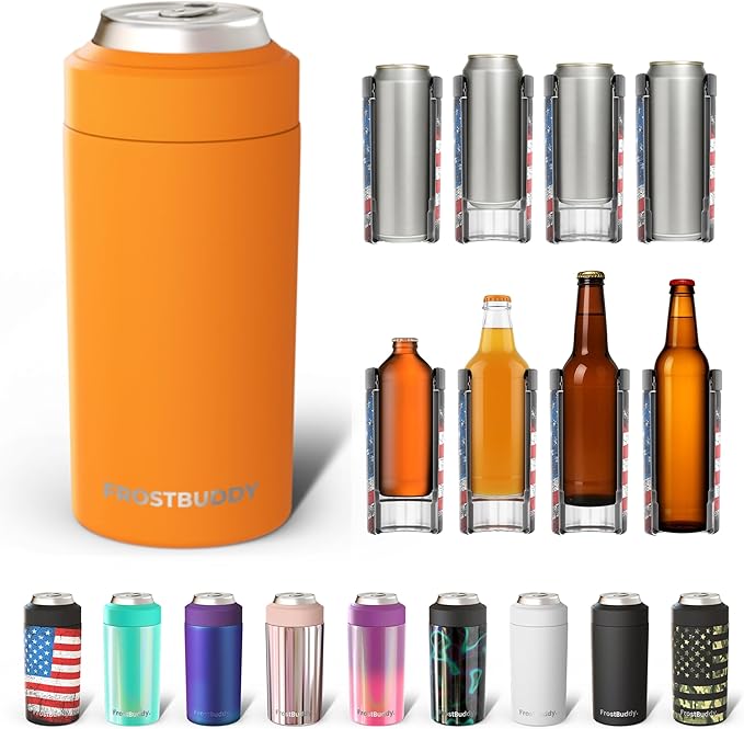 Frost Buddy Universal Can Cooler - Fits all - Stainless Steel Can Cooler for 12 oz & 16 oz Regular or Slim Cans & Bottles - Stainless Steel