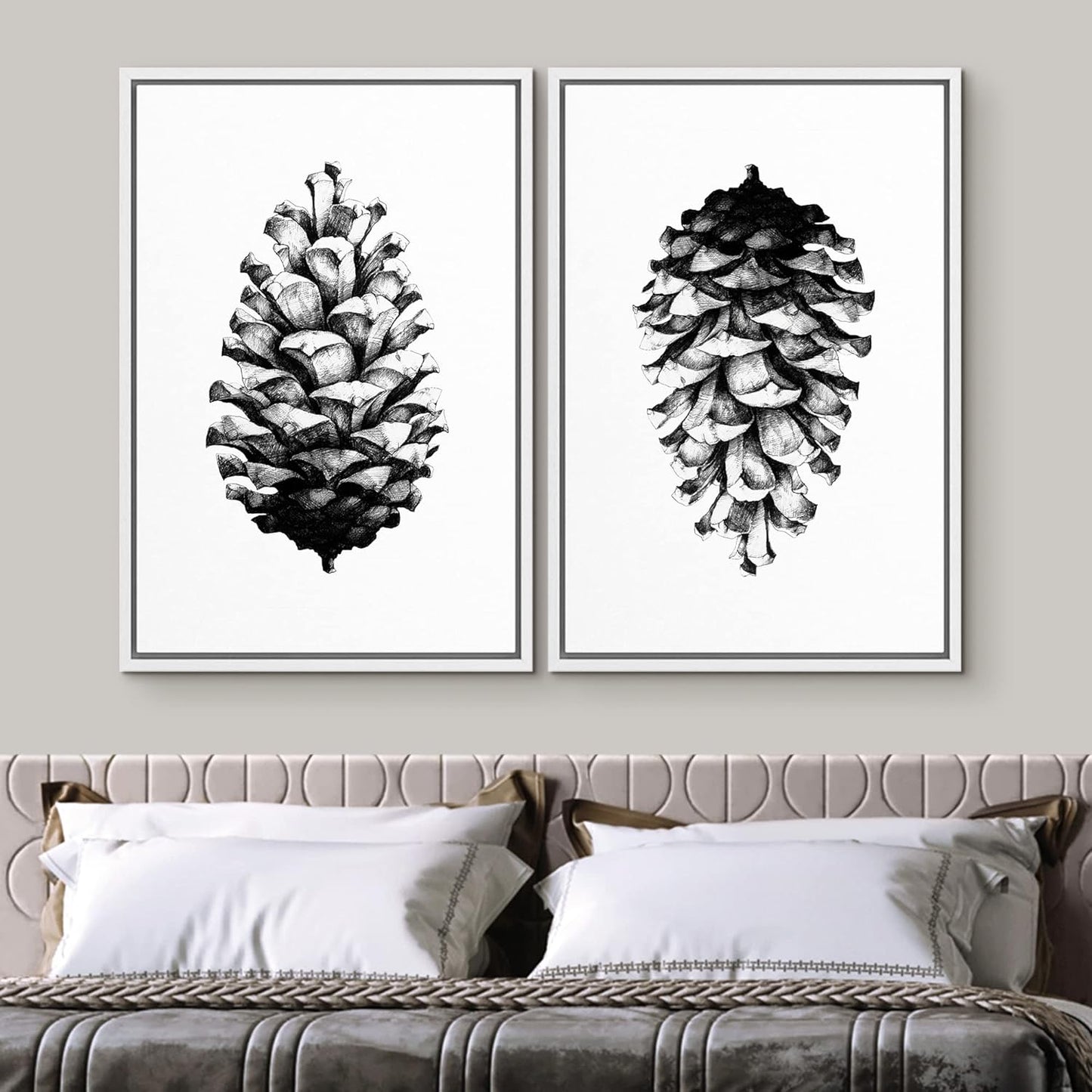SIGNWIN Framed Canvas Print Wall Art Set Black & White Forest Woodland Pinecone Nature Wilderness Illustrations Modern Art Rustic Relax/Calm for Living Room, Bedroom, Office - 16"x24"x2 White