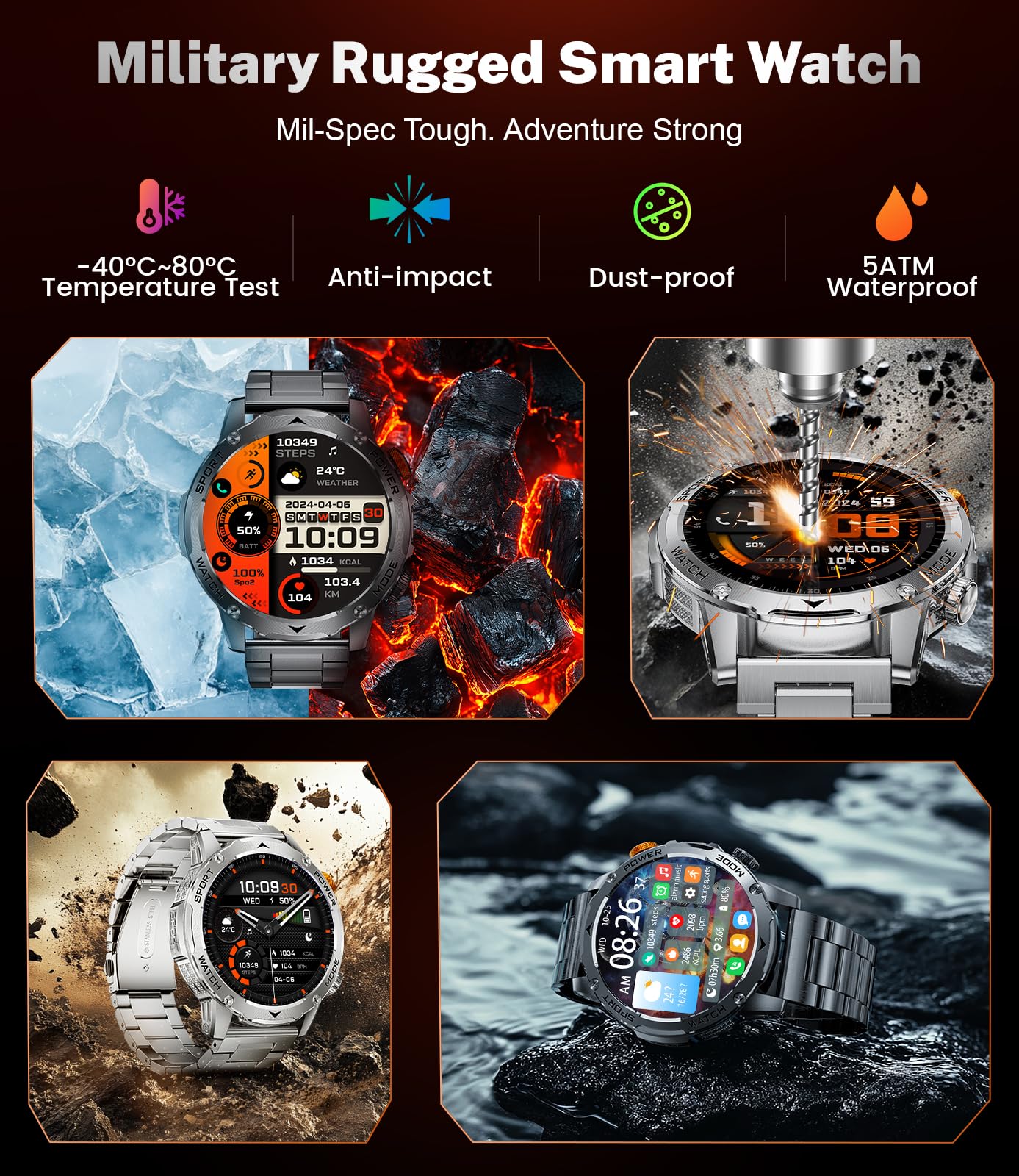 BENYAR SMART Military Smart Watches for Men(3 Bands),1000mAh/1.75" HD Large Screen Smartwatch, Flashlight/110+ Sports Modes/IP68 Waterproof/Sleep Monitor Fitness Tracker Watch for Android IOS,Gunmetal