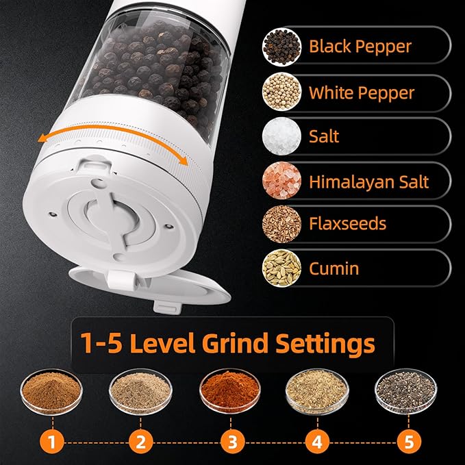 Electric Salt and Pepper Grinder, Rechargeable Automatic Pepper Mill with Base,5-Level Adjustable Coarseness, Display, LED Lighting, Large Capacity-Ideal for Kitchen, BBQ Gifts (1, White-A)