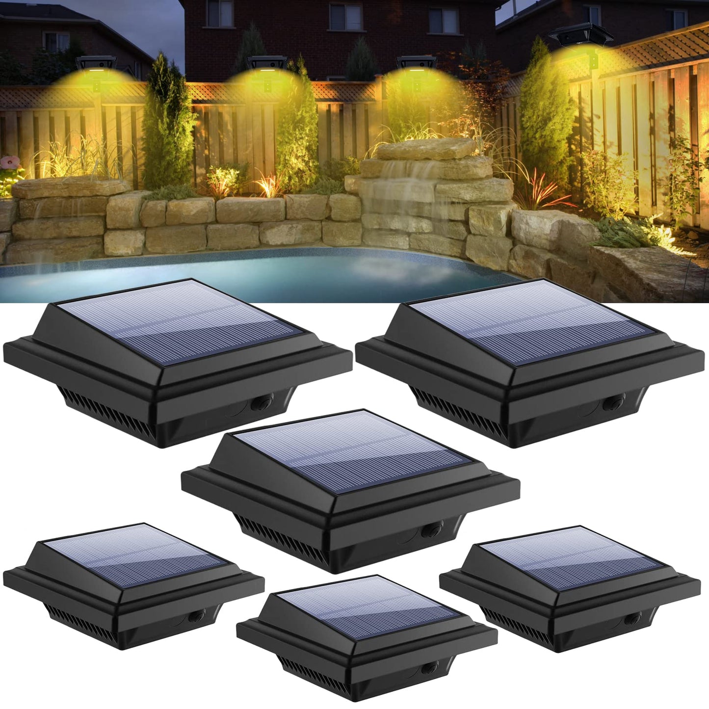 KEENZO Solar Outdoor Lights - 6pcs LED Gutter Lights, Warm White, Waterproof, Model 25GU-WCW, Black