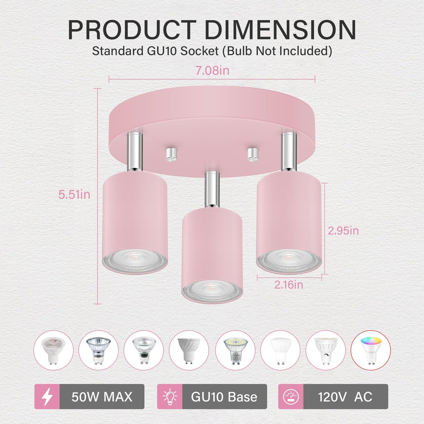 Bricosmocon 3 Light Track Lighting Fixtures Ceiling  Pink Round Directional Spotlight Fixtures  Gu10 Flush Mount Ceiling Fixture  Adjustable Modern Led Track Light For GirlS Room  Bulb Not Included