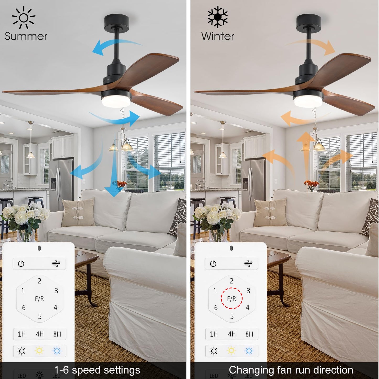 E Energetic Lighting 52 Ceiling Fan With Lights Remote Control, 3 Walnut Fan Blades Reversible Noiseless Dc Motor Modern Wood Ce