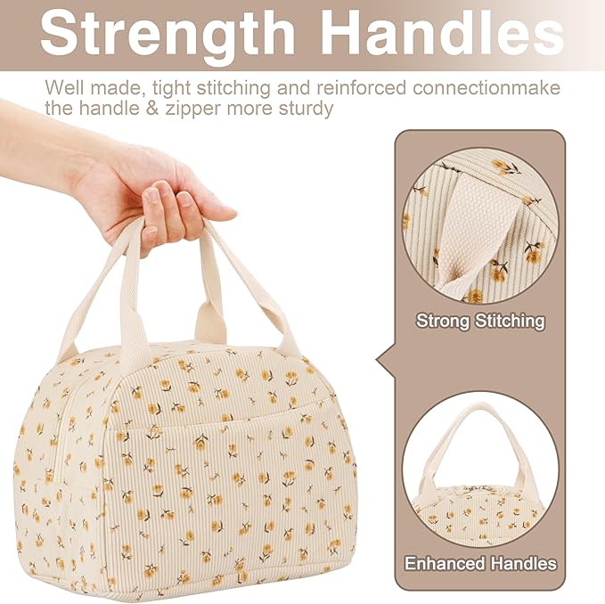 Lunch Bag - Insulated Lunch Box for Women, Reusable Large Capacity Cooler Bag for Adult, Small Leakproof Cute Corduroy Lunch Tote for Work Office Travel Picnic (Corduroy Chrysanthemum)