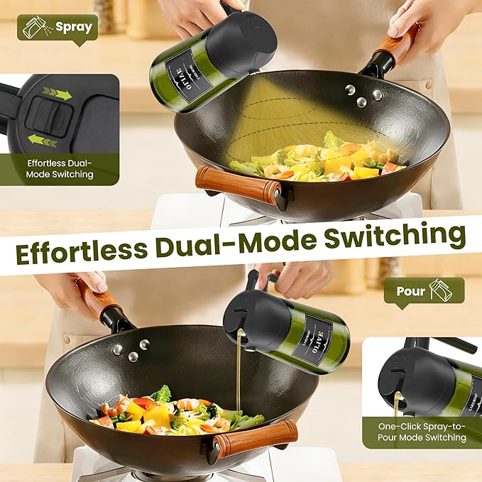 2 in 1 Oil Sprayer for Cooking 16oz, Green Light-Blocking Glass Olive Oil Dispenser Bottle, Food-Grade Oil Mister with 8 Stickers for Kitchen Salad Frying