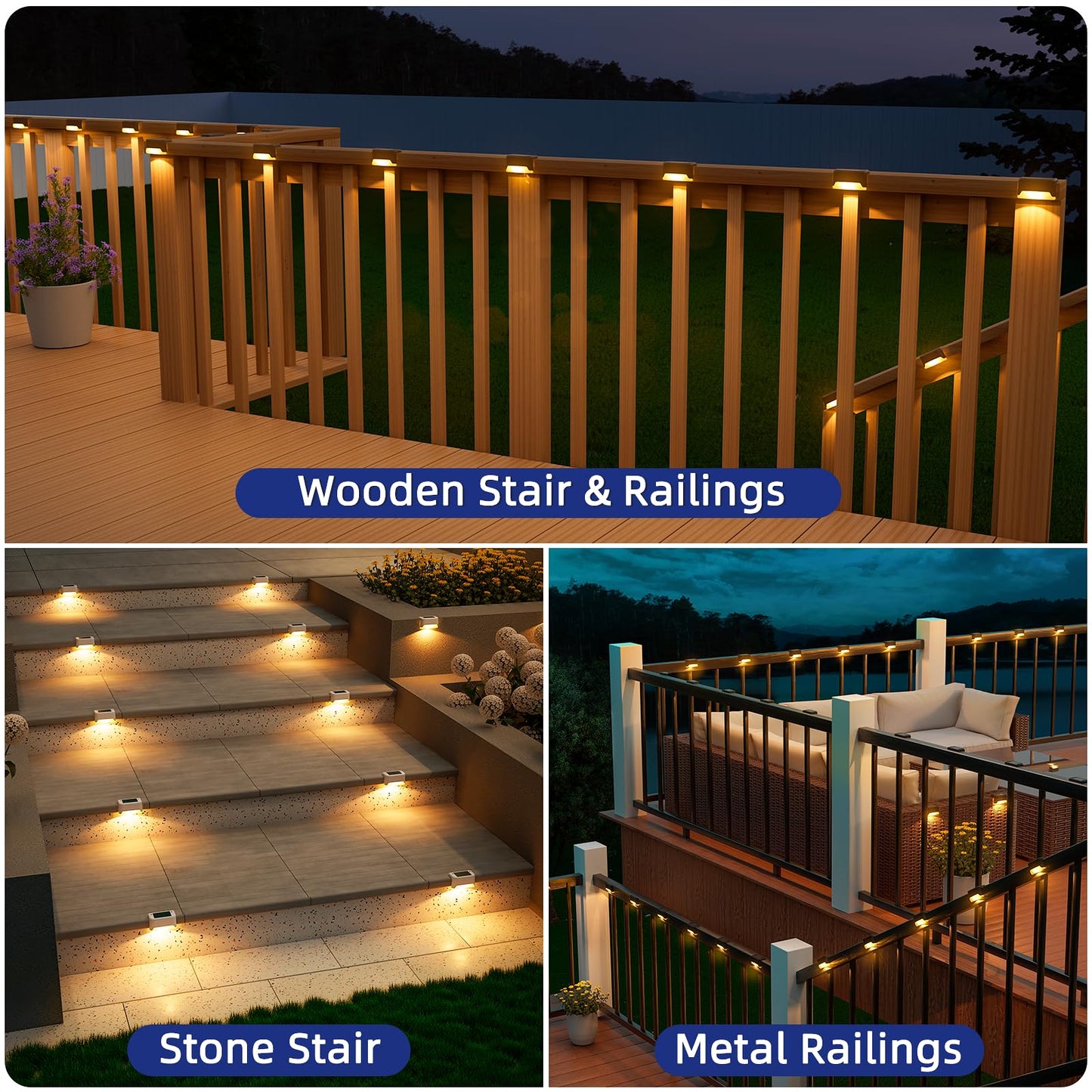 APONUO Solar Deck Lights, 20 Pack, Waterproof Outdoor Lighting for Steps, Fences, Patios, Gardens, Warm White, Black, Model 18344BDR-B-20PK