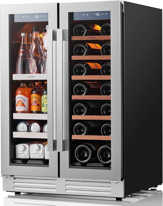 Ca'Lefort 24 Inch Wine and Beverage Refrigerator, 60 Cans 20 Bottles Dual Zone Cooler with Glass Door, 3 LED Built-in Compressor Fridge with Adjustable Shelves for Home Office Bar (4.1 cu.ft)