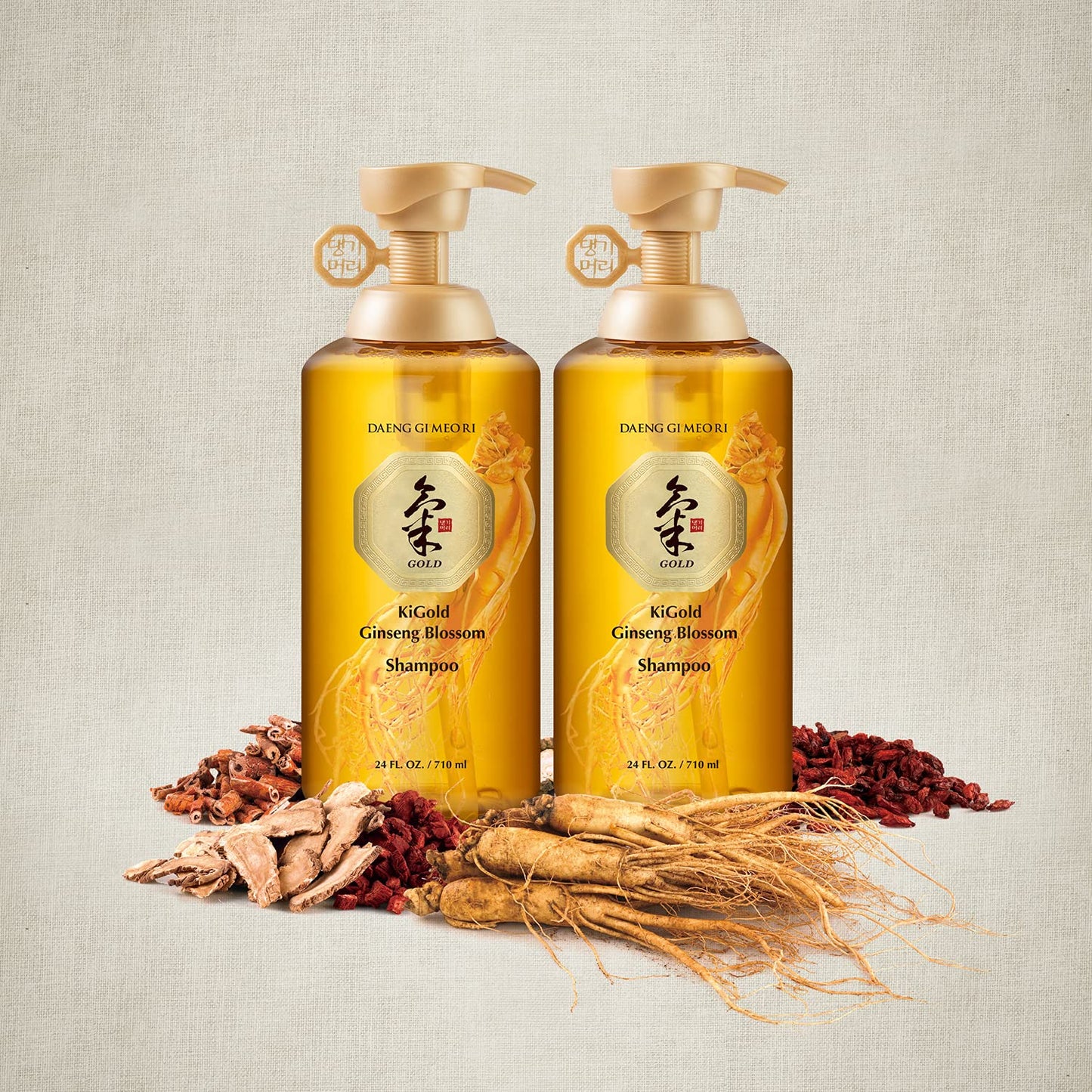 Daeng Gi Meo Ri- Ki Gold Ginseng Blossom 2 Shampoo Set, Real Ginseng Inside, Herbal Shampoo, Hair Growth, Preventing Hair Loss,