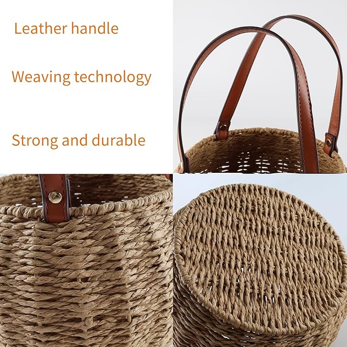 Farmhouse Egg Basket,Large Egg Collecting Basket with Handle,Round Wicker Egg Basket for Gathering and Carrying Fresh Eggs, Egg Holder for Kitchen Countertop,Picnic,Garden