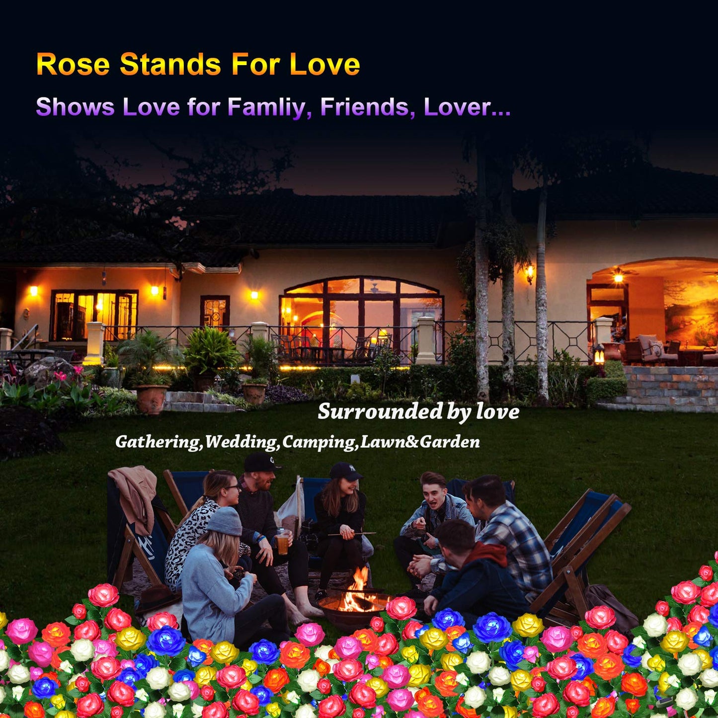 YWYWLED Solar Flower Lights - LED Waterproof Stake Lights with 5 Roses, Yellow, 2 Pack, Model 2023-5-12