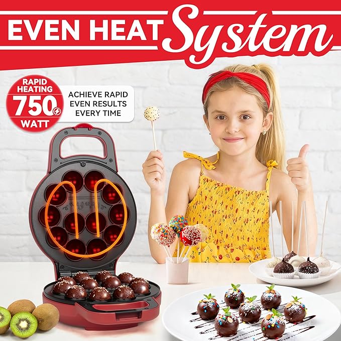 Flip Cake Pop Maker Machine with Ceramic Coating, Make 12 x 1.4 Inch Cake Pops, Cake Pop Kit for Kids, Cake Pop Supplies, Snack Machine, Recipe & Brushed Included, Red