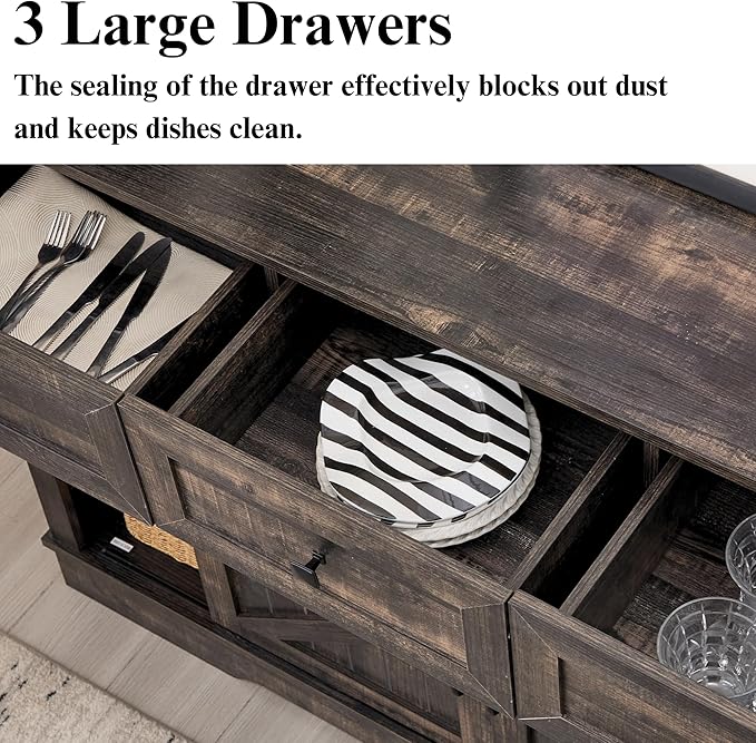 Farmhouse Bar Cabinet with Wine Rack 54" Coffee Buffet Cabinet with Sliding Barn Doors, Adjustable Shelves Rustic Buffets & Sideboards with 3 Drawers for Dining Room/Kitchen, Black