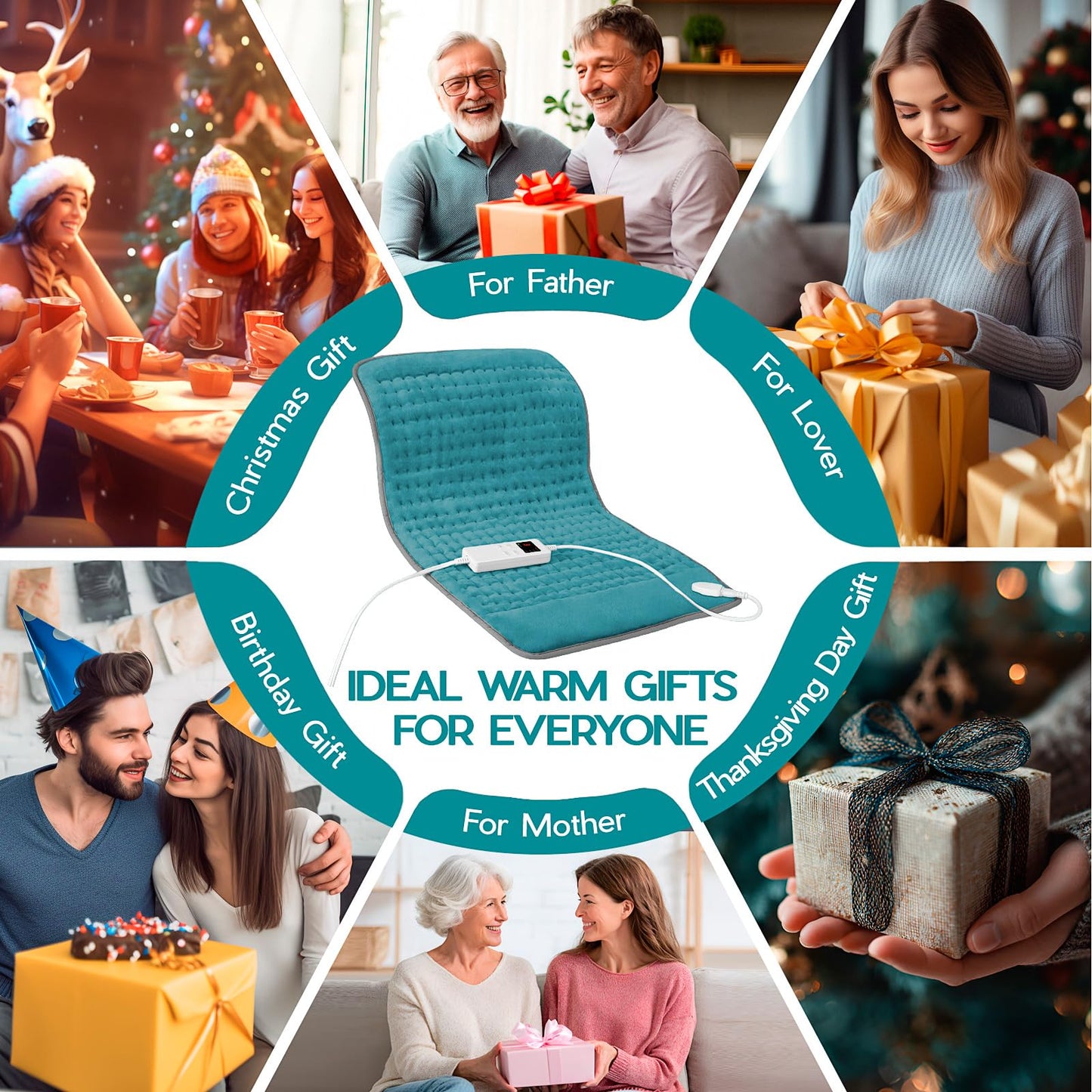 Heating Pad for Back Pain & Cramps Relief, Electric Heating Pad for Neck/Shoulders/Legs/Arms/Knee, 6 Heat Settings, 4 Timer, Auto Off, Machine Washable, Gifts for Men Women(Cyan, 20''x24'')