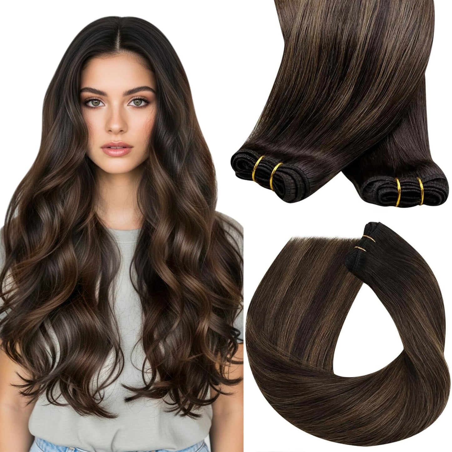 Sunny Hair Sew in Hair Extensions Real Human Hair 120g Brown Balayage Weft Hair Extensions Human Hair Natural Hair Dark Brown Ba