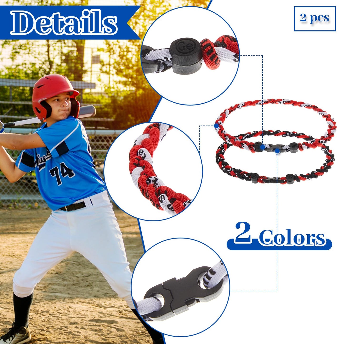 Junkin 2 Pcs Baseball Necklaces Three Braided Rope Titanium Necklace for Team Gifts Boys Men Player Softball Fans Sports (Black,