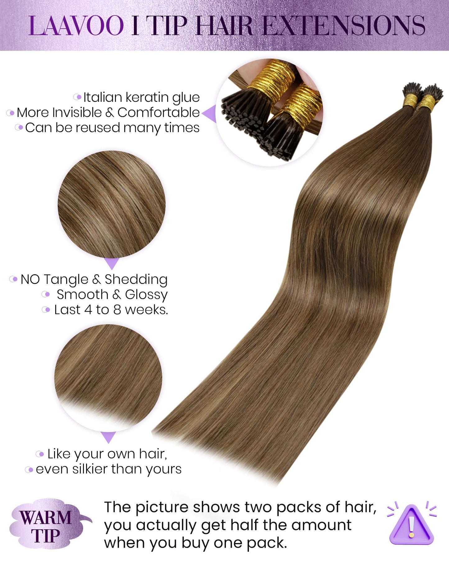 LaaVoo Itip Human Hair Extensions Balayage Brown Ombre Light Brown to Golden Brown 80s I Tips Hair Extensions Real Human Hair Ba