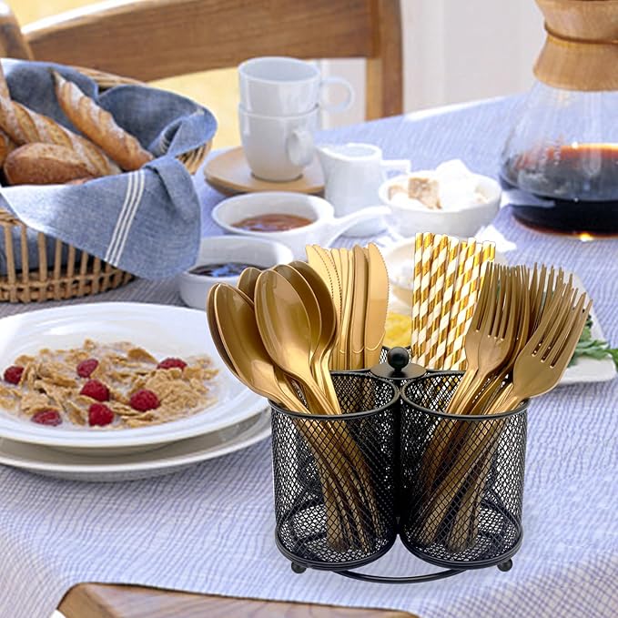 Silverware Holder Utensil Caddy - 360° Rotating Silverware Caddy 4 Compartment Metal Cutlery Organizer Fork Spoon Napkin Plastic Flatware Storage Basket Party Countertop Picnic Outdoor Black