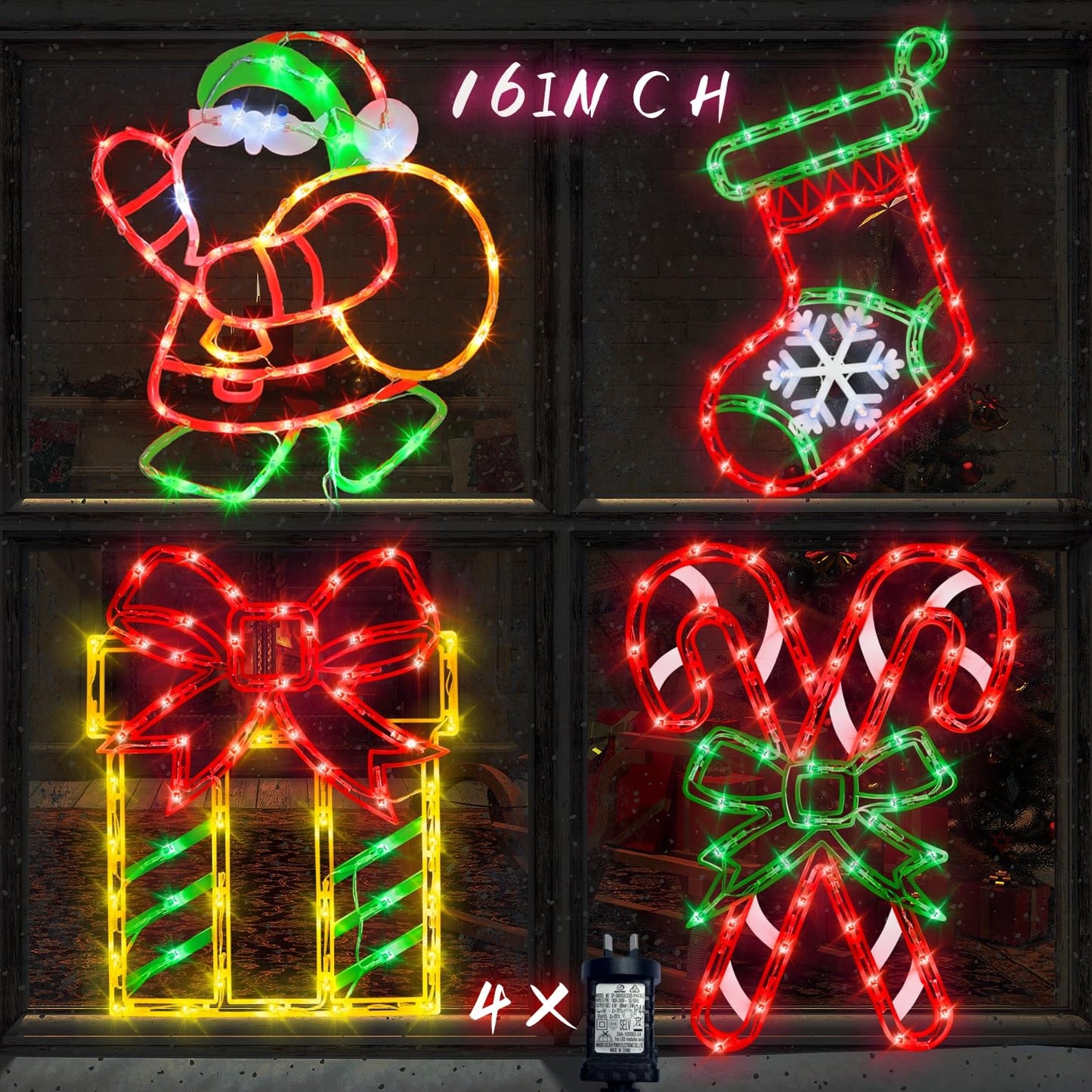Trwymz 16 Christmas Window Silhouette Lights - 4 Pack Colour Lighted Christmas Stocking & Candy Cane & Gift Box & Santa For Holiday Indoor And Outdoor Wall Door Window Decorate