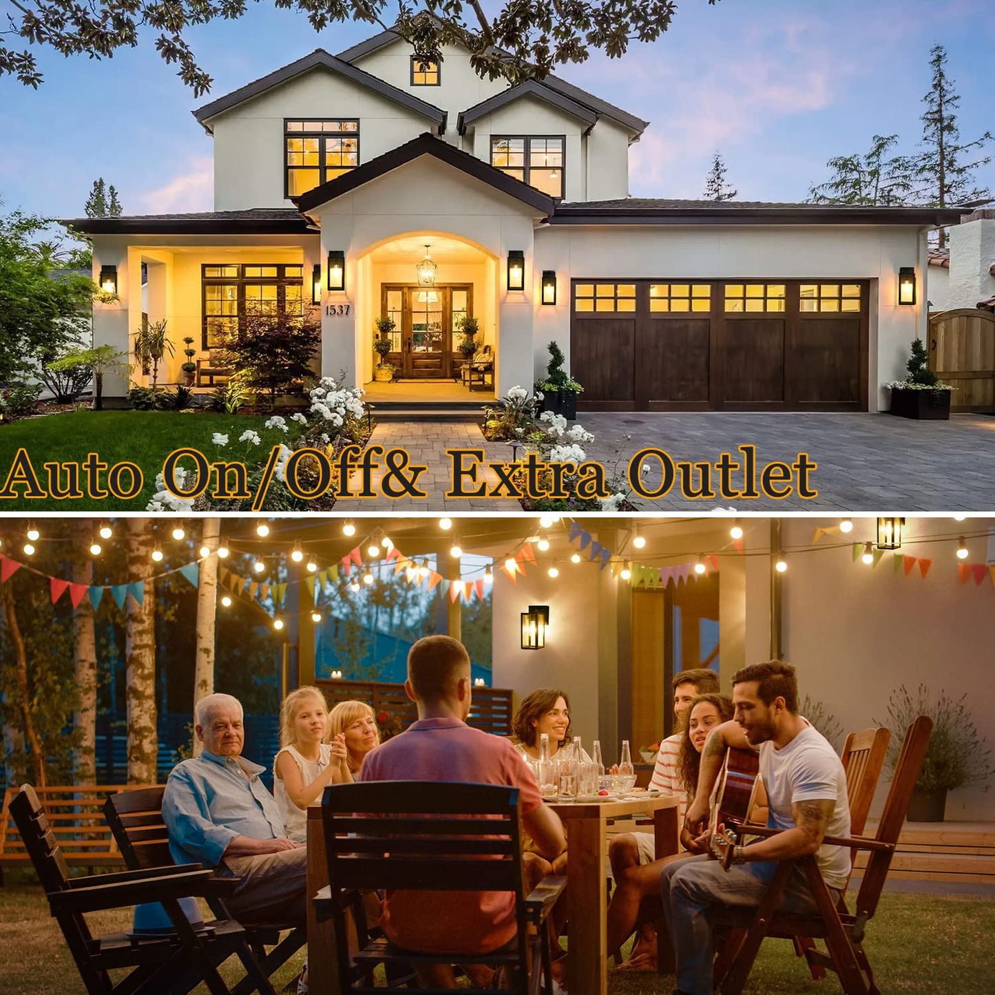 BrightWe Outdoor Wall Lanterns, Waterproof Dusk to Dawn Sconces, GFCI Outlet, Metal, 2-Pack, Black, Model WL22015